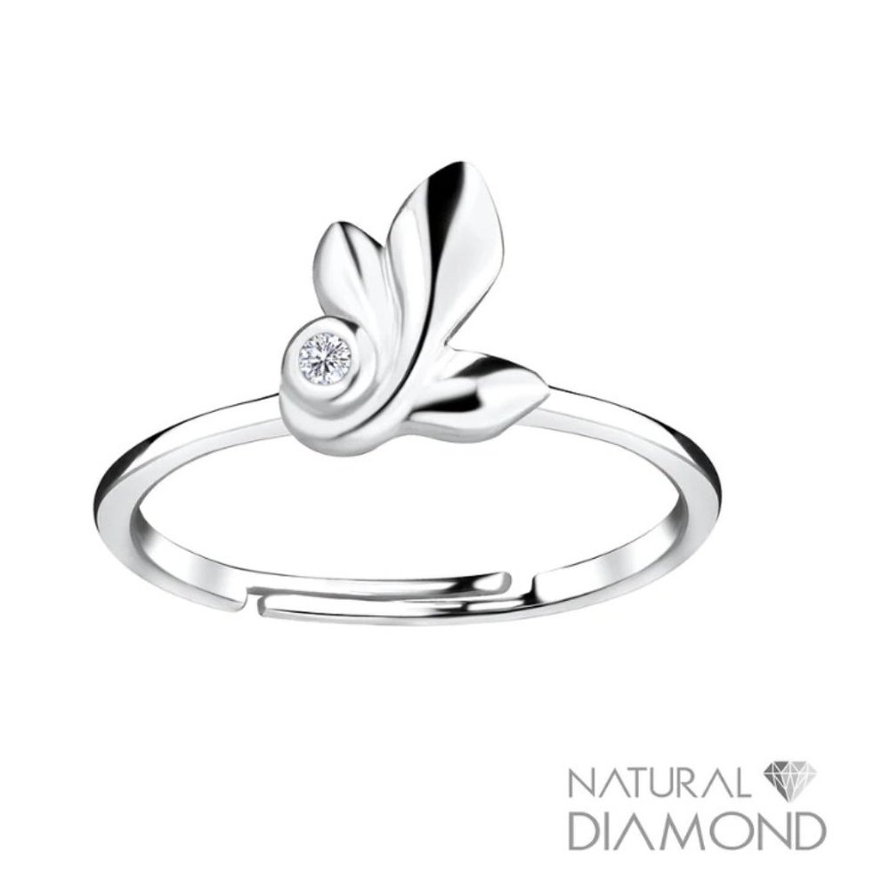 Sterling Silver Leaf Adjustable Ring With Natural Diamond